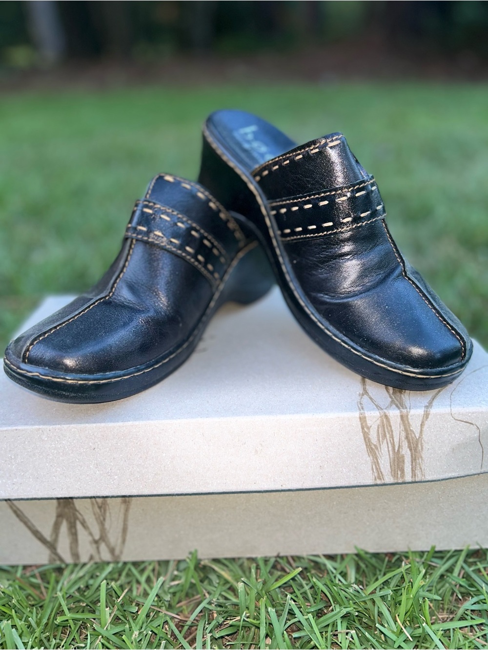 b.o.c. Black Leather Wedge Clog Mules with Contrast Stitching